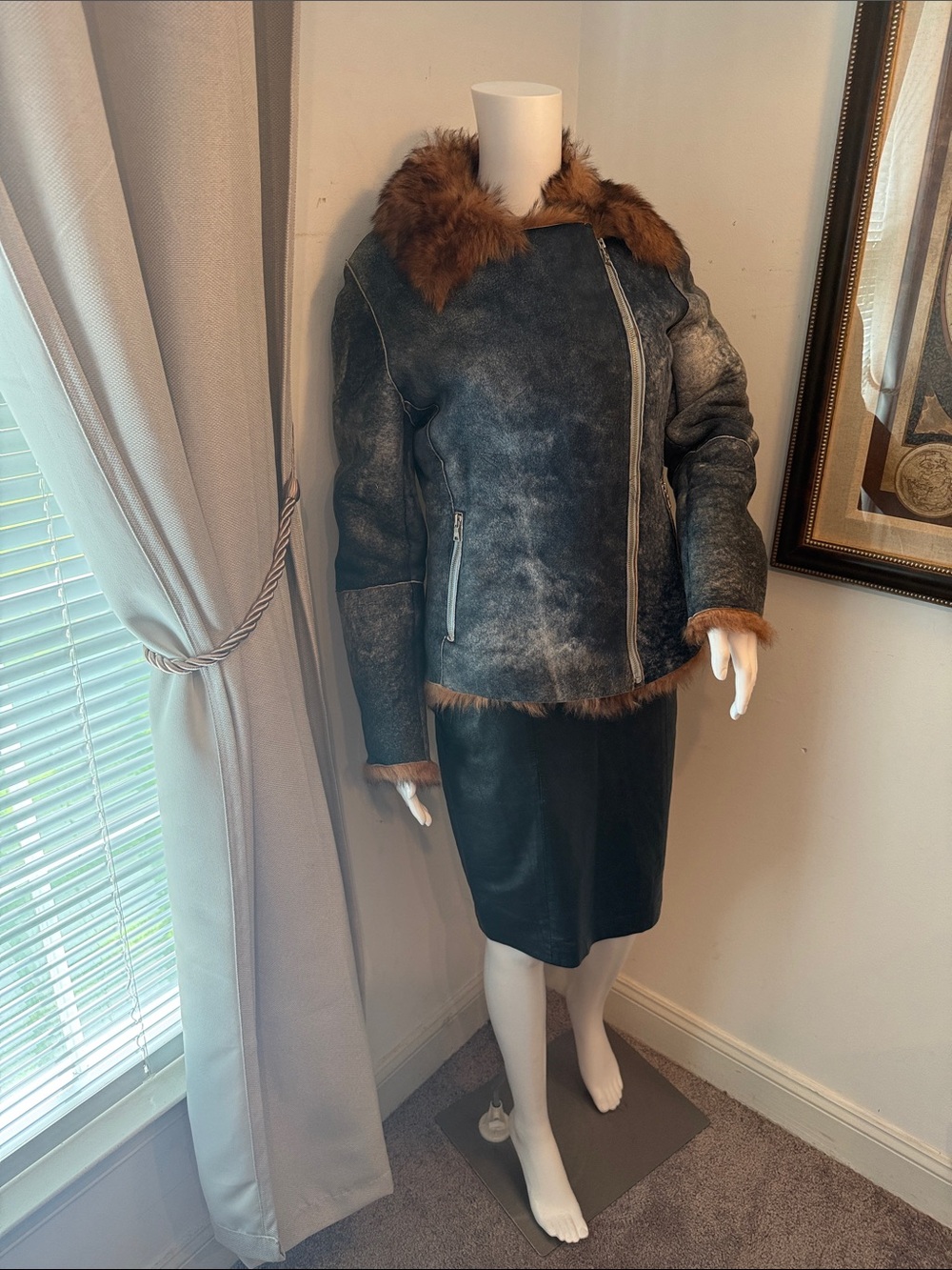 Andrew Marc Jacket Leather & Shearling Blue & Brown Size Medium